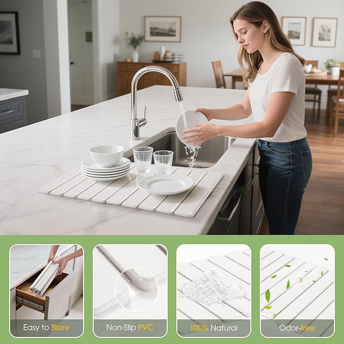 HABUTWAY Large Stone Dish Drying Mat for Kitchen Counter – 24"×16" Collapsible Diatomaceous Earth Mat, Ultra Absorbent & Quick Dry, Foldable Drying Pad for Dishes, Bottles, Cups (White)