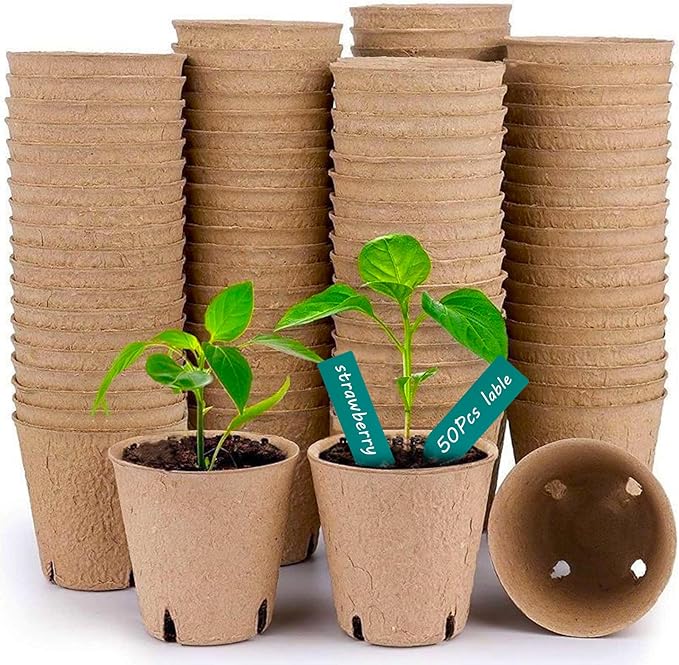 102 Pcs Peat Pots for Seedlings, 3.14 inch Biodegradable Seed Nursery Pot with Drainage Holes, Seedling Pots Include 50 Labels