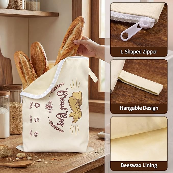 2 Pack Beeswax Bread Bags with L-Shaped Zipper, X-Large Easy-Access Reusable Wrap for Sourdough & Baguettes, Sustainable Organic Cotton Food Storage, Zero Waste Artisan Bread Protector