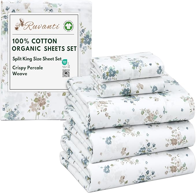 RUVANTI 100% Cotton Organic Percale Sheets Split King Size – Crisp Cooling Bed Sheets for Hot Sleepers, Deep Pocket 15”, Soft Peach Finish, Breathable & Durable Hotel-Style 5 Pcs, Halcyon