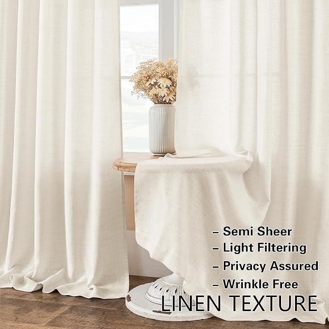 2 Pieces French Door Curtain Linen Light Through W50 x L72 for Bedroom Kitchen Room 2 Tiebacks Semi Sheer Natural Door Curtains Wrinkle Free Chic Semi Transparent Linen Dual Rod Pocket