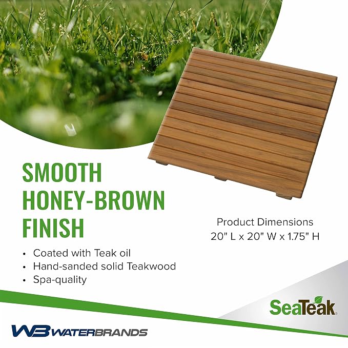 SeaTeak Square Wooden Teak Shower Mat | Waterproof Mat | Indoor Bath Mat | Outdoor Shower Platform | 20" L x 20" W x 1.75" H