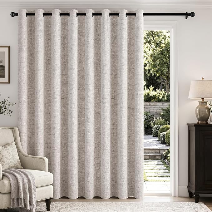 MIULEE Extra Wide 100% Blackout Curtains for Sliding Glass Doors Linen Textured W100 x L96 inch Panel Ivory Thermal Insulated Grommet Room Darkening Drapes for Patio Living Room Bedroom, 1 Panel Set