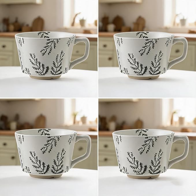 4 Pack Speckled Ceramic Coffee Mugs, 12oz Vintage Green Fern Leaf Large Tea Cups, Rustic Handmade Style Drinking Mugs for Coffee Tea Cocoa Milk, Dishwasher Microwave Safe, Housewarming Gift Set