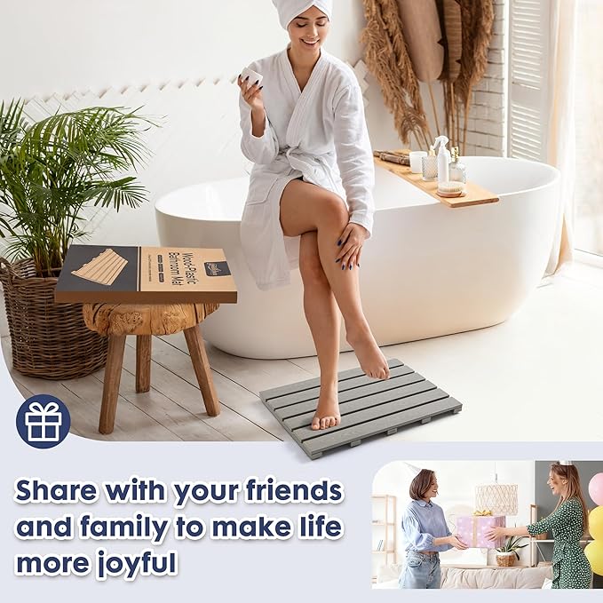 Bamboo-Design Bath Mat, Heavy Duty HDPS Plastic, 19.7" x 13.8", 400lb Support, 100% Waterproof & Fadeproof, Superior to Real Bamboo for Bathroom Spa Sauna Poolside Outdoor (Gray Color)