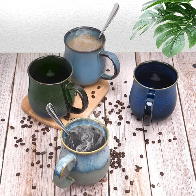 20 Oz Large Ceramic Coffee Mugs, 600ml Big Handle Handmade Pottery Tea Cup for Office and Home, Easy to Hold, Microwave and Dishwasher Safe, Hot Cold Drinking, Stylish Texture Glaze (Ink Green)