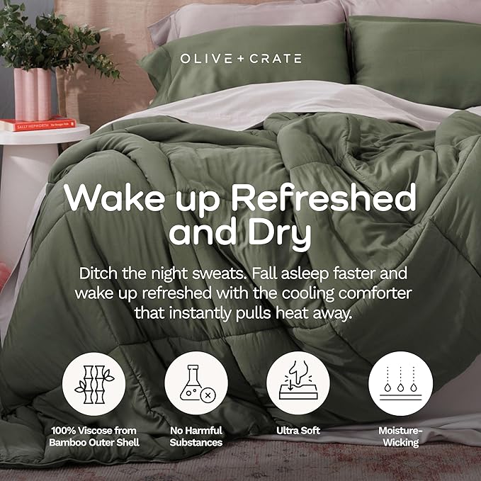 Olive + Crate Cooling Down Alternative Comforter - Hypoallergenic King Size Duvet Insert Lightweight - All Seasons Plush Design Bamboo Comforter - 100% Bamboo Viscose Outer Cover - Moss 102"x90"