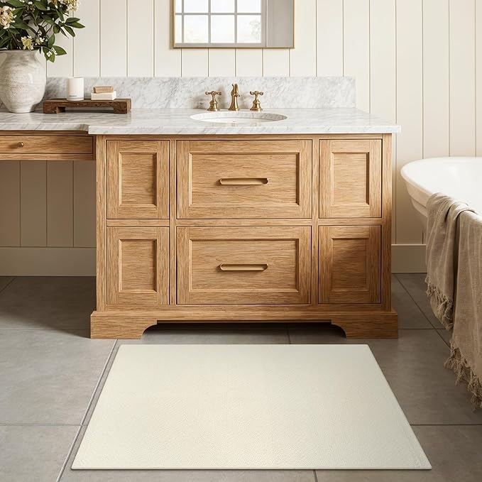 LEEVAN Small Bathroom Rug, 2' x 3' Washable Woven Entryway Rug Low Profile, White/Beige Reversible Front Door Mat, Farmhouse Kitchen Mat Modern Carpet for Bedroom/Porch/Back Door Decor