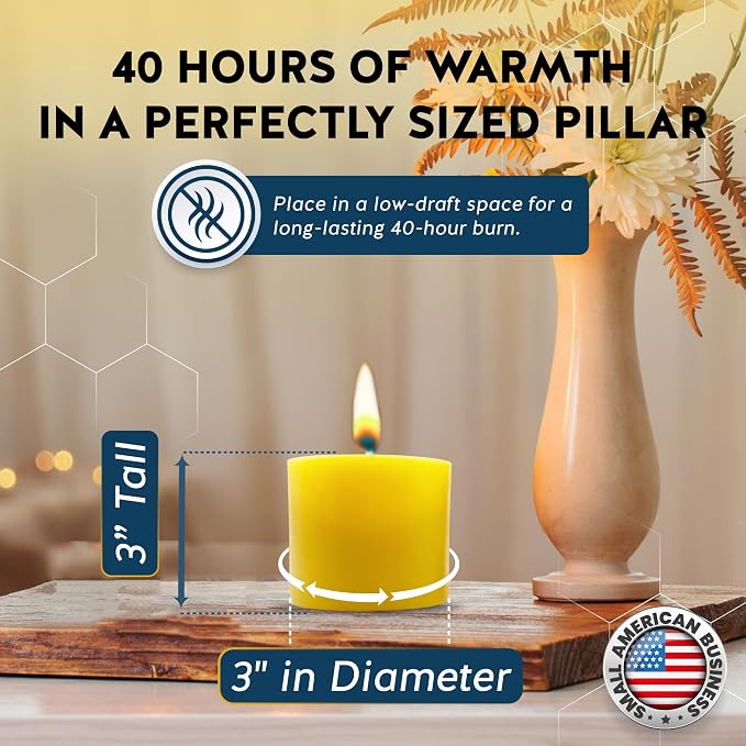 100% Pure Beeswax Candle – Long Lasting Burn – Non-Toxic & Hypoallergenic – Natural Honey Aroma – Handcrafted – Sustainably Sourced – Alternative Imagination – 3x3 Inch – Natural Yellow