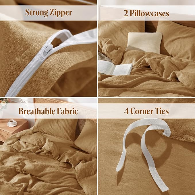 LBRO2M 100% France Linen Duvet Cover Set 3 Pcs Including 1 Flax Comforter Cover with Zipper Closure, 2 Pillowcase, Cozy Duvet Cover California King Size, Rust
