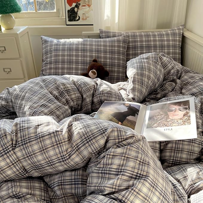 mixinni Full Duvet Cover Set - 3 Piece Vintage Buffalo Plaid Bedding, 100% Washed Cotton Duvet Cover with 2 Pillowcases, Soft & Breathable Navy Beige White Geometric Grid Pattern for All Seasons
