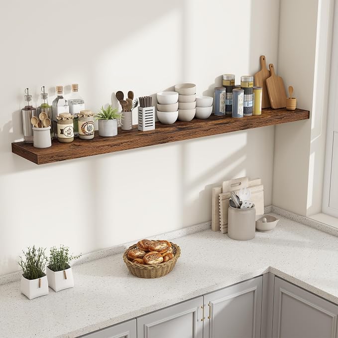 Fun Memories 72 Inch Fireplace Mantel Shelf, 10 Inch Deep Shelves for Display & Wall Storage, Rustic Wood Wall Shelf, Extra Long Floating Shelves for Living Room Laundry Room, Rustic Brown, Set of 1