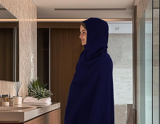 COTTON CRAFT Hooded Bath Towel – Oversized 35 x 70 Waffle Weave Towel with Hood for Adults - 100% Ringspun Cotton Pool Bath Sheet Wrap with Hood - Soft Super Absorbent Quick Dry – 450 GSM – Navy