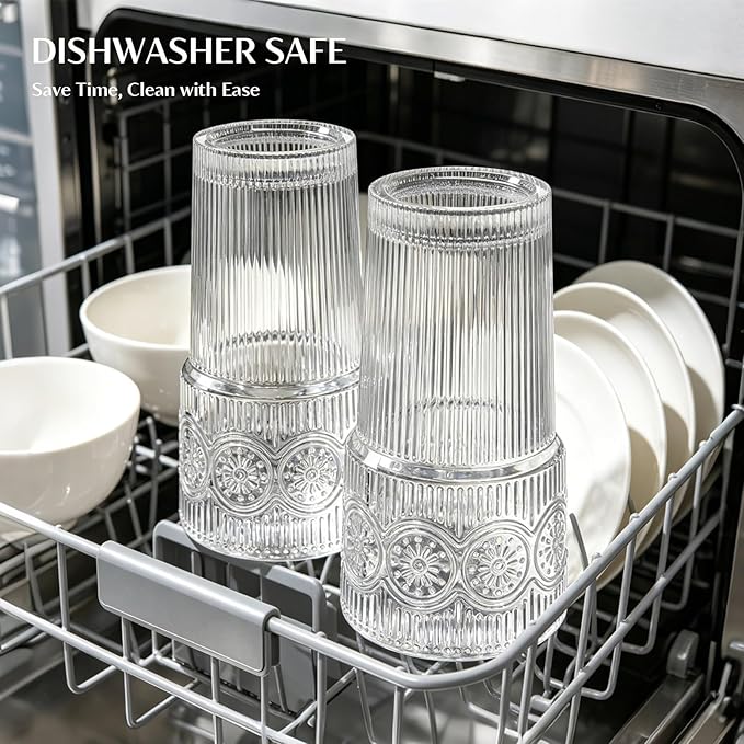 INSETLAN 20oz Ribbed & Floral Glass Tumblers with Lids and Straws, Set of 2 – Clear Iced Coffee Cups, Reusable Drinking Glasses for Water, Smoothies, Tea, and Juice – Perfect for Travel & Daily Use