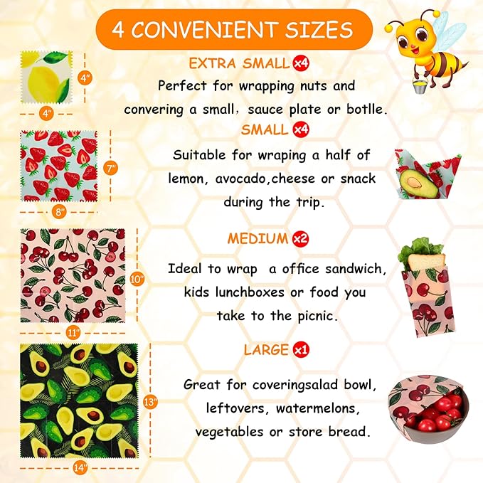 Reusable Beeswax Wrap, 11 Pack Eco-Friendly Beeswax Wraps For Food, Organic, Sustainable, Biodegradable, Zero Waste, Plastic-Free Food Storage, 1L Avocado, 2M Cherry, 4S Strawberry, 4XS Lemon Patterns