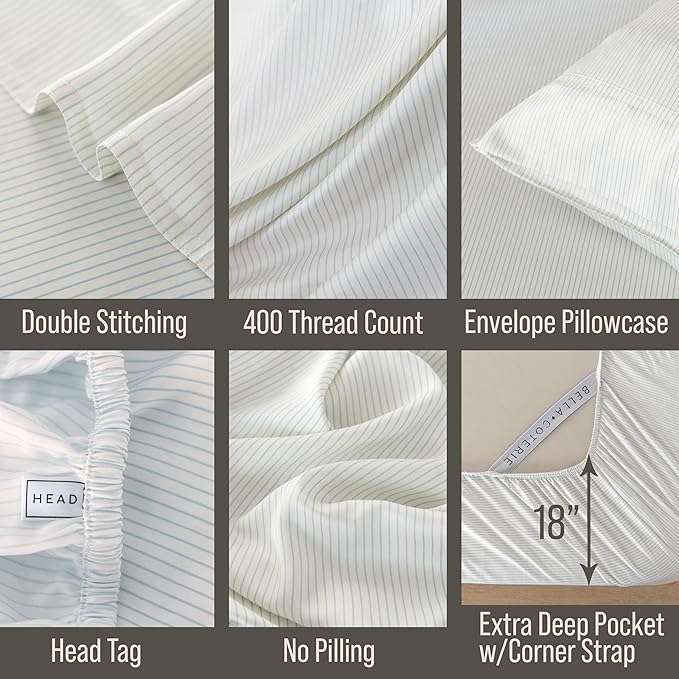 Bella Coterie | Luxury Bamboo Viscose King Size Pillowcase Set | 100% Organically Grown | Ultra Soft | Cooling | 2 Pcs [Striped Coastal Blue]