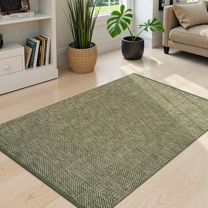 LEEVAN Washable Kitchen Rugs 3x5, Green/Natural Bedroom Rug, Cotton Woven Entryway Rug, Modern Braided Door Mat, Farmhouse Living Room Rugs, Reversible Carpet for Laundry Room Front Porch Outdoor Rug