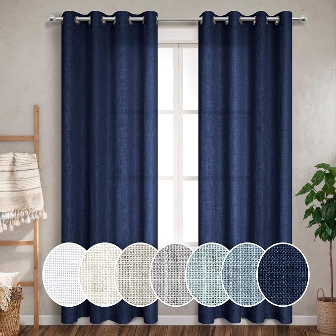 Navy Blue Linen Curtains 100 inches Long for Bedroom Grommet Eyelet Light Filtering Privacy Sheer Blue Curtains Boho Farmhouse Nautical Decor Indigo Blue Cotton Textured Draperies 2 Panel Floor Length