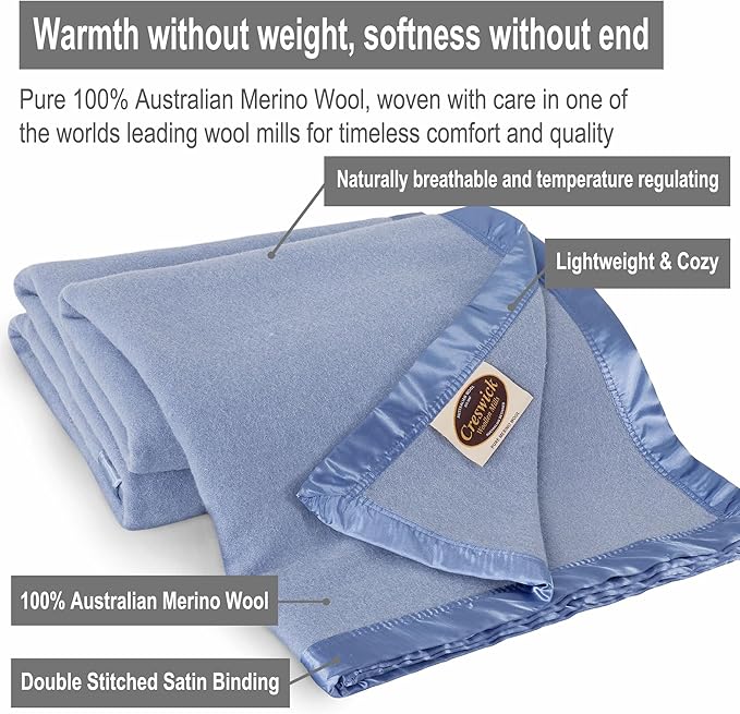 Creswick Woollen Mills 100% Australian Merino Wool Blanket – Soft Warm and Natural with Satin Binding, Breathable Luxury Bedding for All Seasons, (French Blue, Full/Queen Size)