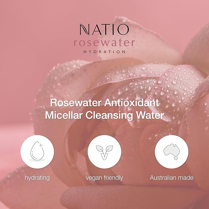 Natio Australia Rosewater Hydration Antioxidant Micellar Cleansing Water, 8.4 oz - Makeup Remover Face Cleanser - Facial Cleanser for All Skin Types