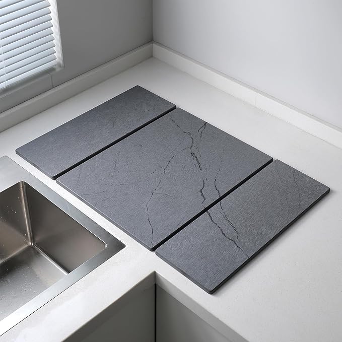 Stone Dish Drying Mat for Kitchen Counter, Quick Dry Dishes Pad,Foldable Water Absorbent Diatomaceous Earth for Bottles Cups Dishes Drying Mats,24" x 15" Non-Slip Pad for Bathroom