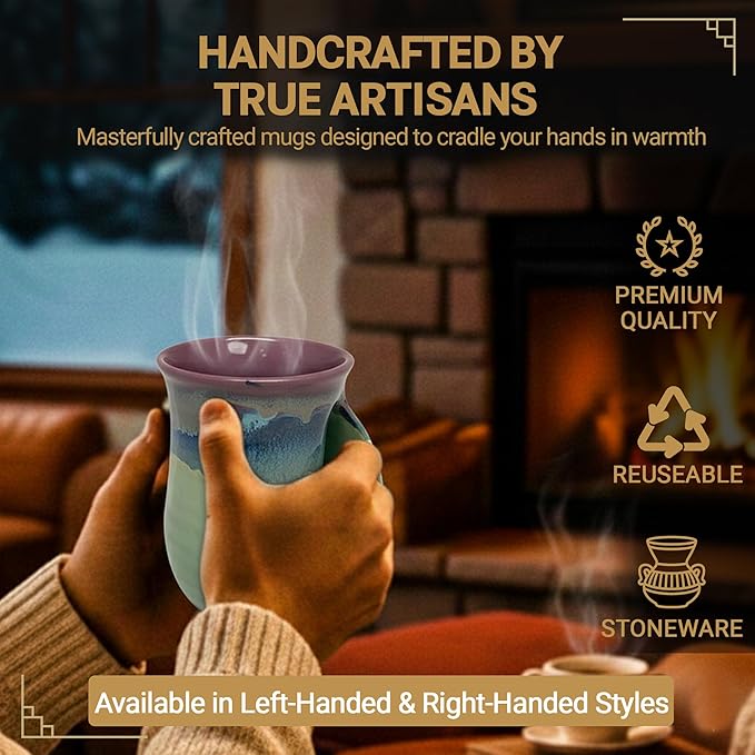 Clay in Motion Hand Warmer Coffee Mug – Handmade Coffee Mug With Comfortable Handle Contoured Pocket Hand Warming Ceramic Coffee Mug – Proudly Made in USA – Right Handed – 14 Oz - Mossy Creek