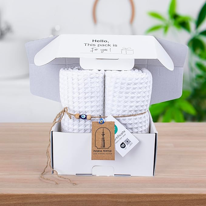 PÜSKÜL Pack of 2 Waffle Bath & Spa Towels - Premium 100% Turkish Organic Cotton - Quick Dry Thin Bath Towel for Bathroom - Made in Turkey (White, 32x63 inch)