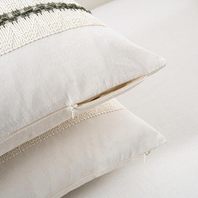 Fancy Homi Set of 2 Boho Olive Green Long Lumbar Decorative Throw Pillow Cover 14x24 Inch for Couch Bed Sofa Chair, Modern Organic Farmhouse Home Decor, Soft Cotton Cute Accent Rectangle Cushion Case