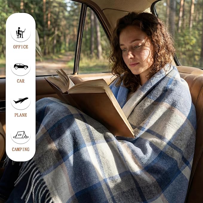 Soft Pure Wool Throw Blanket, Lightweight Warmth, 55"x83", Plaid, Fringe, Compact with Bag, Useful Gift for Women Men, All Season Decorative Cozy Travel Blanket for Couch Bed, Outdoors