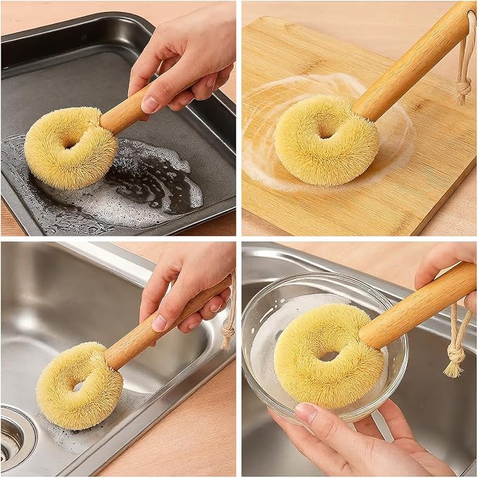 Coconut Fiber Dish Brush with Handle – Natural Dish Scrubber Brush for Kitchen Sink & Pots – Eco-Friendly Dish Cleaning Brush with Built-in Scraper, Sink Scrubber, and pan Cleaning Brush