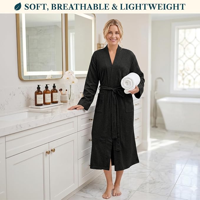 PAVILIA Womens Waffle Knit Robe Lightweight Cotton Blend Full Length House Bathrobe with Pockets
