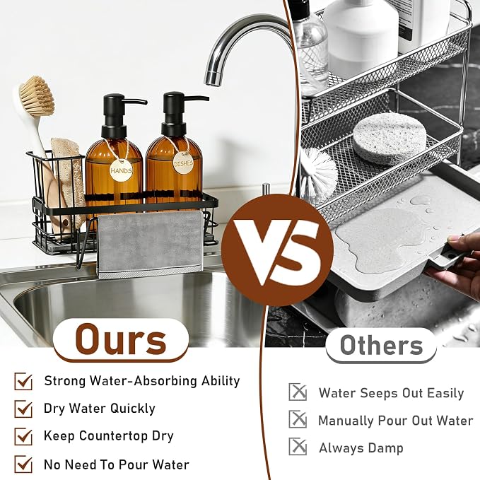 Kitchen Soap Dispenser Set, 14.4 oz/425 ml Hand and Dish Soap Dispenser Set, Dish Soap Dispenser with Sponge Holder & Diatomite Tray, for Countertop Organizer, Amber
