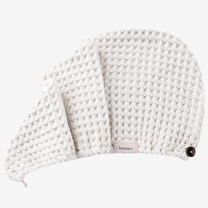 Luxury Organic Japanese Cotton Hair Drying Waffle Towel Wrap for Women | Absorbent, Quick-Dry Head Turban for Shower, Sauna, Spa | Extra Large for Long, Curly, Straight Hair With Button (White, 1 Pc)