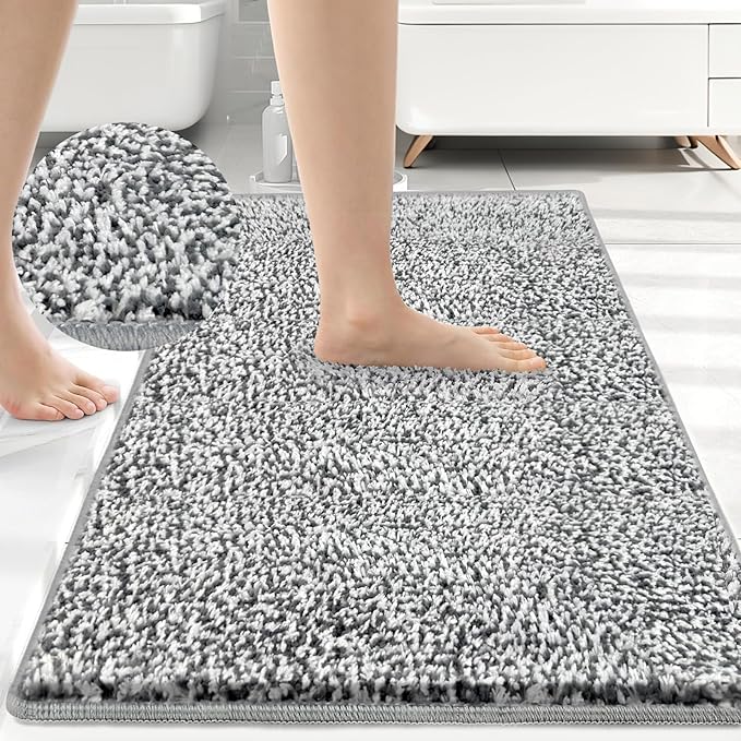 HDFK Bath Mat Non Slip 30x20 Inches Plush 2 Tone Chenille Medium Pile TPR Backing | Highly Absorbent Quick Dry Solid Light Gray | Shower Tub Floor Bathroom Rugs for Decor Modern Home