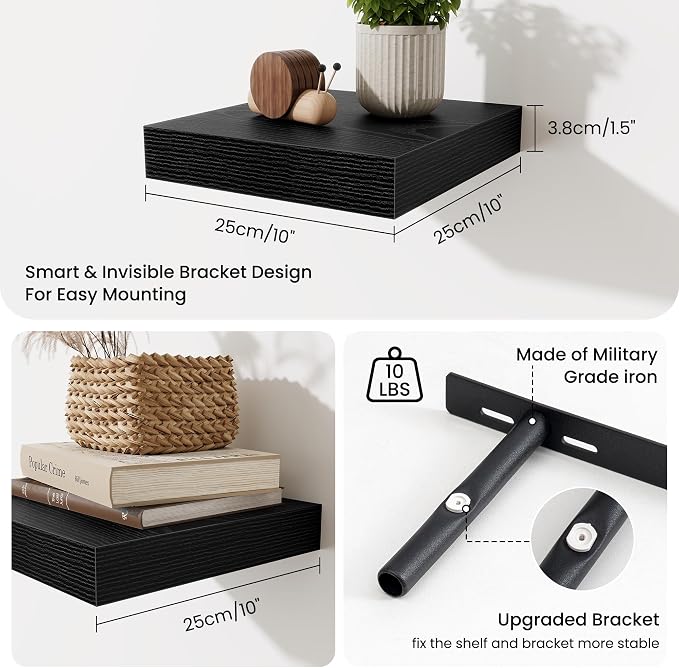 Fun Memories Floating Shelves for Wall 10 Inch, 10 Inch Deep Square Wall Shelves, Bathroom Storage Shelves Over Toilet, Wood Floating Shelves for Living Room Bedroom, Black, Set of 2
