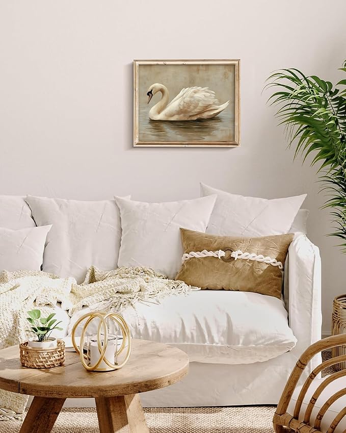 Vodefoad Vintage Swan Wall Art, Minimalist Elegant Swan Wall Decor, Neutral Animal Artwork Art Prints Room Decor, Cottagecore Autumn Classic Bird Art for Bedroom, Living Room, Bathroom, Lake House, 10x10 Inch