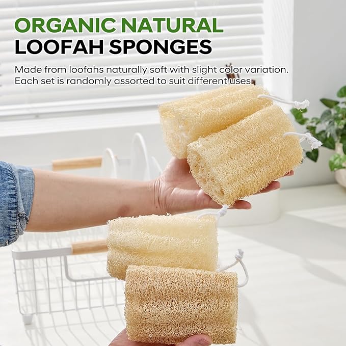 Natural Loofah Sponge 4 Pack, Organic Luffa Sponges Body Scrubber, Exfoliating Loofah Scrubber for Shower, Eco-Friendly Biodegradable Bath Loofahs for Men & Women