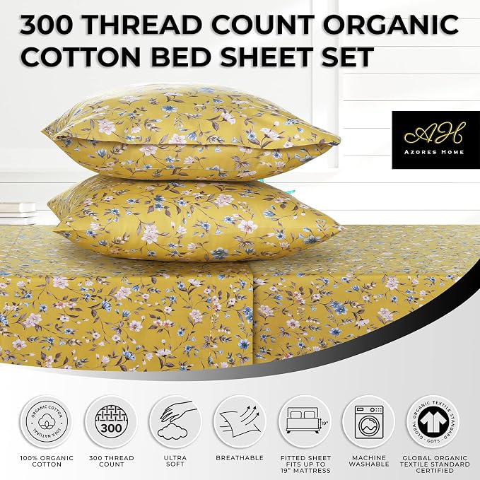 AZORES HOME California King Organic Cotton Sateen Sheet Set - Deep Pocket, 300 Thread Count, 4-Piece Luxury Bedding, Carolina Yellow