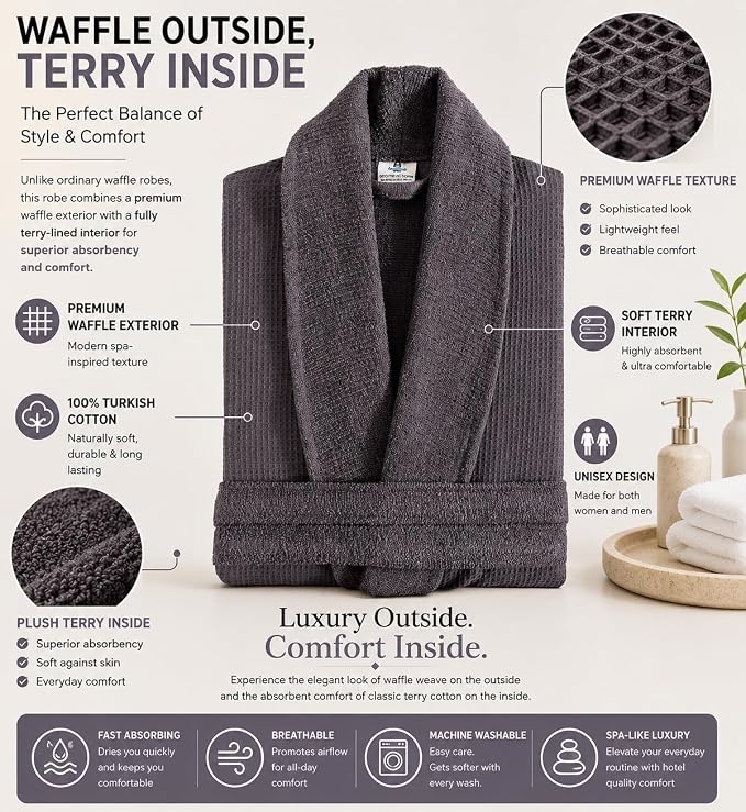 sea me at home Turkish Cotton Waffle Bathrobe, Luxury Spa Hotel Shawl Collar Robe for Women & Men, Plush Terry Inside
