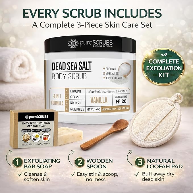 pureSCRUBS Premium Vanilla Body Scrub Set - Large 16oz Dead Sea Salt Body Scrub With Infused Essential Oils & Nutrients, Includes Wooden Spoon, Loofah & Oatmeal Exfoliating Bar Soap