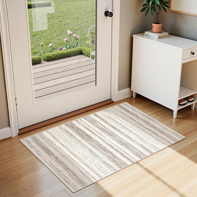 Tortania Area Rug Living Room Rugs - 2x3 Washable Soft Neutral Boho Moroccan Farmhouse Mat Indoor Floor Carpet for Bedroom Hallway Entryway Kitchen Home Office Decor - Beige