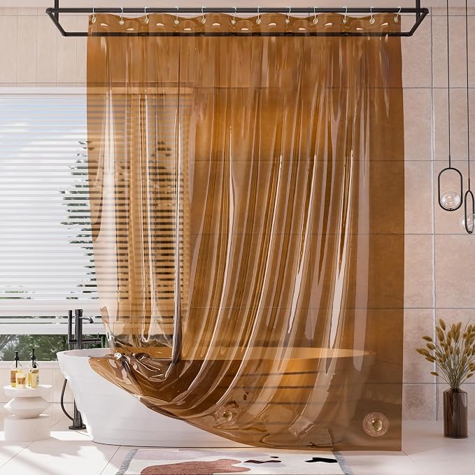 AmazerBath Extra Long Shower Curtain Liner, 100% EVA Clear Amber Heavy Duty 84 inch Shower Curtain and Liner 2-in-1, 72x84 Plastic Weighted Bathroom Shower Liner, 12 Grommets & 3 Heavyweight Stones