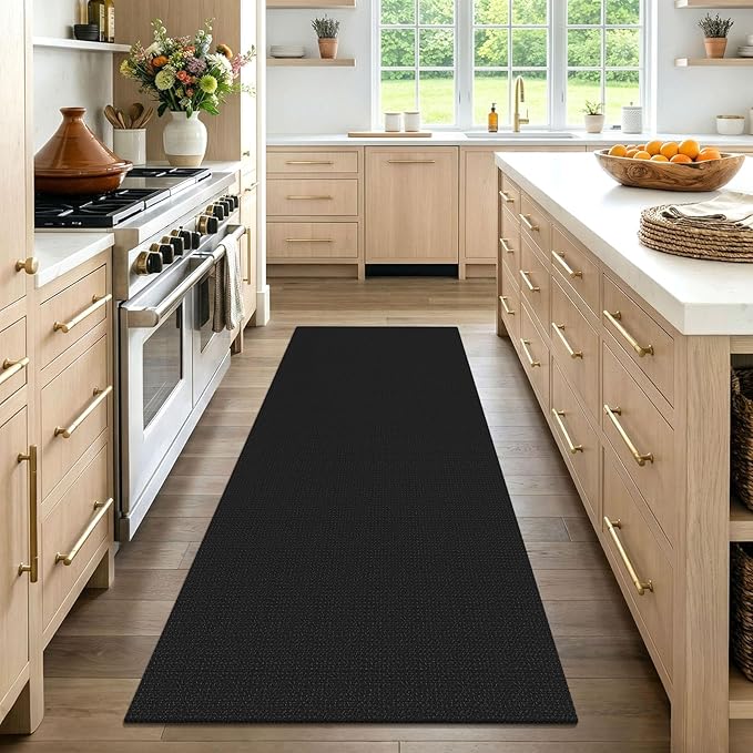 EARTHALL Woven Runner Rug 3x7 Ft Washable Runners for Hallways Wide Non Slip Rubber Backed Kitchen Runner Braided Indoor Floor Carpet for Entryway, Hallway, Kitchen, Bedroom, Black/Grey