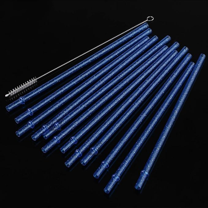 Dakoufish BPA-Free 12 Piece 9 Inch Reusable Clear Plastic Glitter Sparkle Drinking Straw Plus one Cleaning Brush (Blue,9inch)