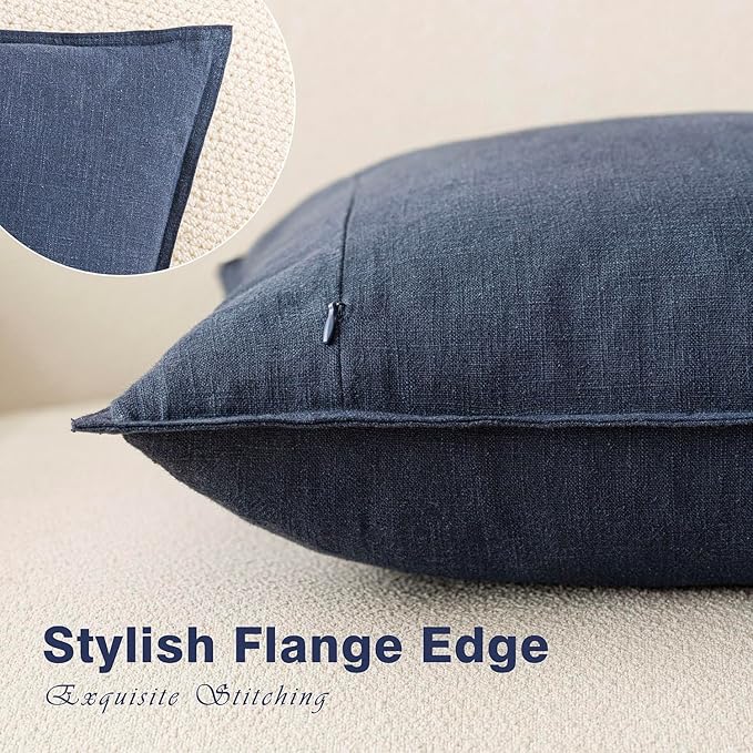 Foindtower Pack of 2, Decorative Linen Soild Throw Pillow Covers Soft Accent Square Cushion Case Boho Farmhouse Pillowcase for Chair Couch Sofa Bedroom Living Room Home Decor 16 x 16 Inch Navy Blue