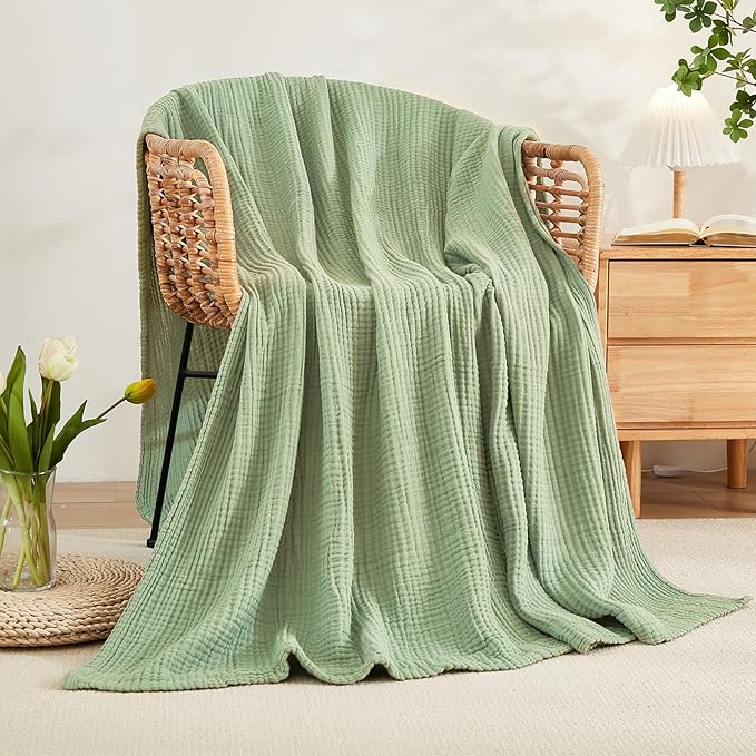 EMME Cotton Summer Throw Blanket for Couch Soft Muslin Blankets 50"x60" Lightweight Breathable All Season Gauze, Sage Green