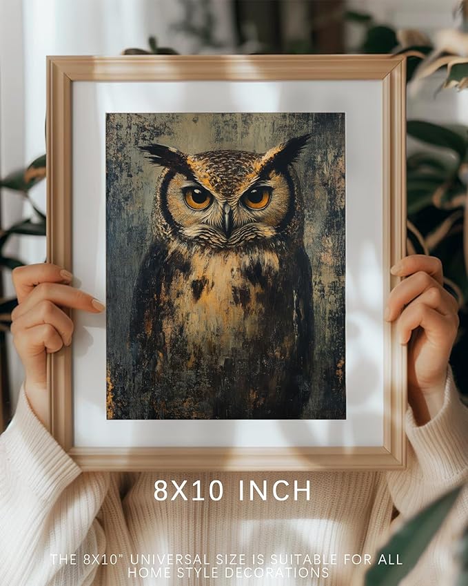 Vodefoad Vintage Dark Academia Owl Wall Art Decor, Retro Moody Rustic Bird Canvas Painting, Antique Dark Animal Gallery Wall Art for Bathroom Bedroom Home - 8x10Inch Unframe
