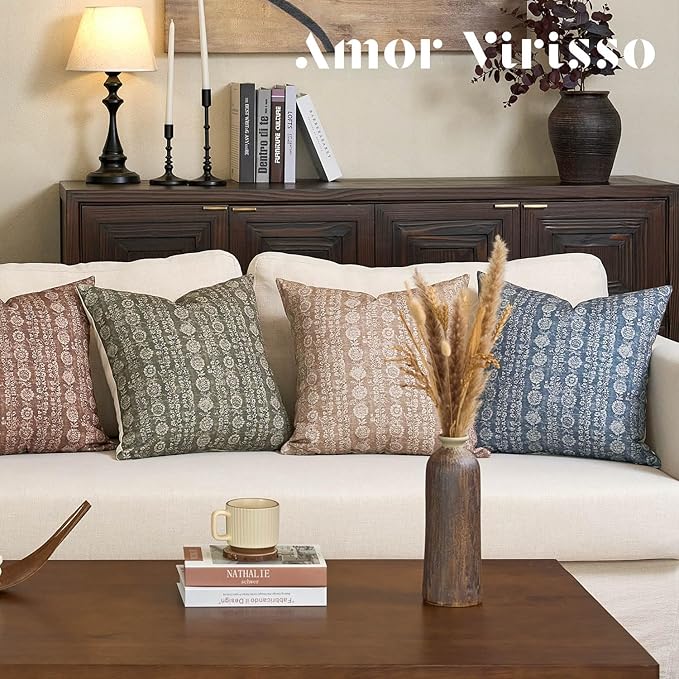 Amor Virisso Vintage Floral Throw Pillow Covers 20x20 Striped Farmhouse Block Print Pillow Cover Boho Neutral Decorative Pillows for Living Room Bed, Light Camel