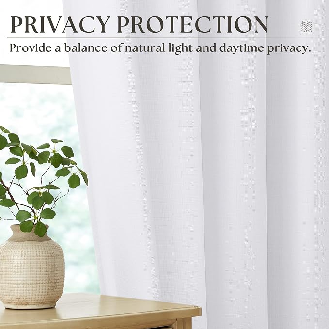 White Linen Curtains 63 Inch Length 2 Panel Set for Living Room Grommet Top Privacy Protection Semi Sheer Light Filtering Bedroom Window Curtain 63 Inch Long Textured Modern Elegant Coastal Drapes