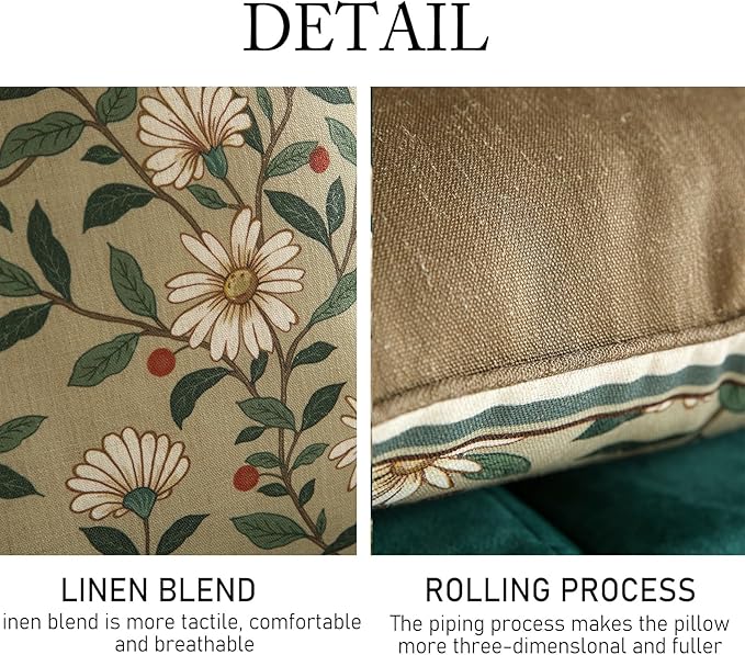 ISAENNE Design Square Green Floral Linen Throw Pillow Covers 18"x18" Pack of 2, White Simple Elegant Daisy Pattern Cushion Covers Decor Pillowcases for Bed,Living Room,Outdoor,Car